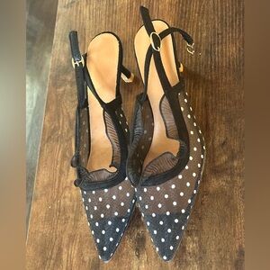 Polka Dot Mesh Pointed Toe Slingback Heels - Size 39 (US 8)